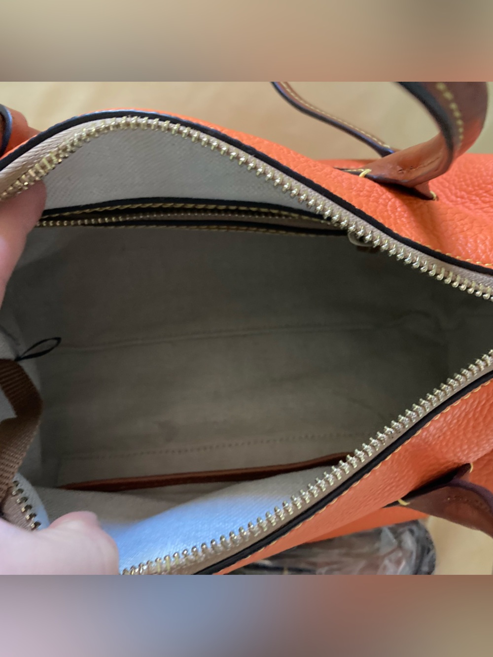 Dooney and Burke barrel Orange Leather Top-Handle Satchel with Brown Accents - Picture 9 of 13